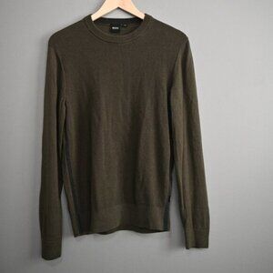 Boss Wool Blend Textured Front Crew Neck Pullover Sweater In Olive Green Size S